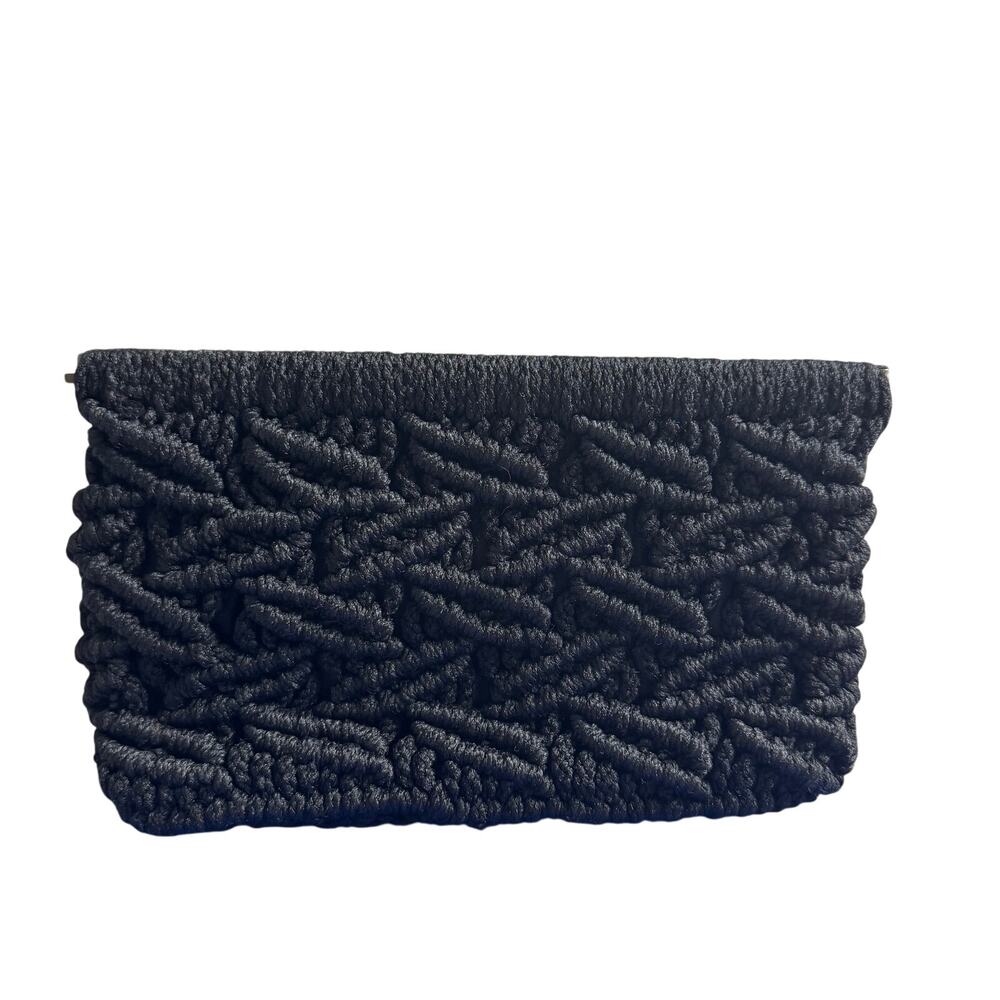 Fathke Vintage Black Macramé Hinged Evening Clutch Bag – Rare Leaf Pattern